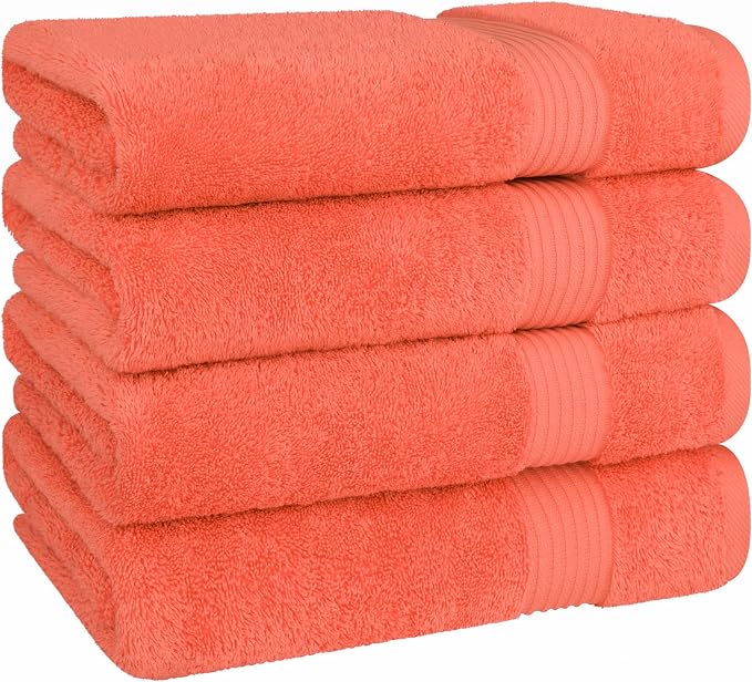 Cotton Paradise 100% Cotton Turkish Towel Set, Soft Absorbent Quick Dry, 4 Piece Bath Towel Set, Coral