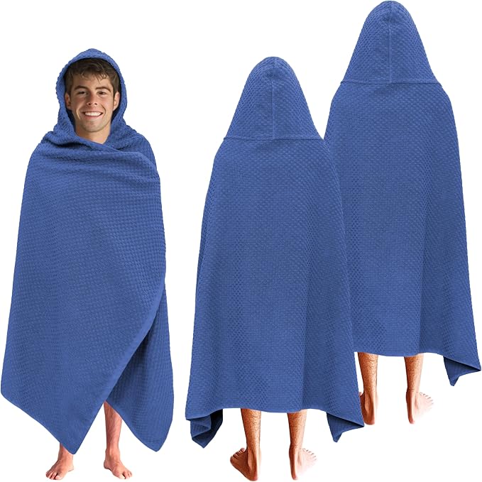 COTTON CRAFT Hooded Bath Towel for Adults – 2 Pack 100% Cotton Bath Sheet | Waffle Weave Oversized 35x70 inch Ringspun Terry Bath Wrap with a hood - Soft Super Absorbent Quick Dry – 450 GSM – Navy
