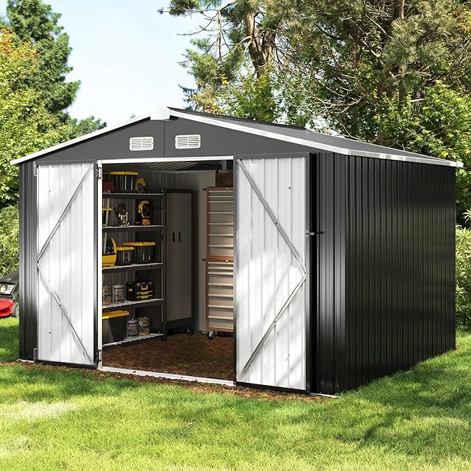 Aoxun 9.8x7.6 FT Shed Outdoor Storage Shed, Black | Metal Shed with Lockable Doors & Slooping Roof Garden Tool Shed for Backyard, Patio, Poolside