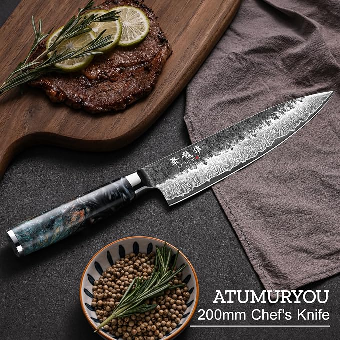 JPCK 8'' Japanese Damascus Chef Knife, Hand Forged VG10 Steel | Kurouchi Forged Finish, 67-Layer Damascus Cladding, For Professional & Home Chefs, Leather Sheath Included, Premium Gift Box