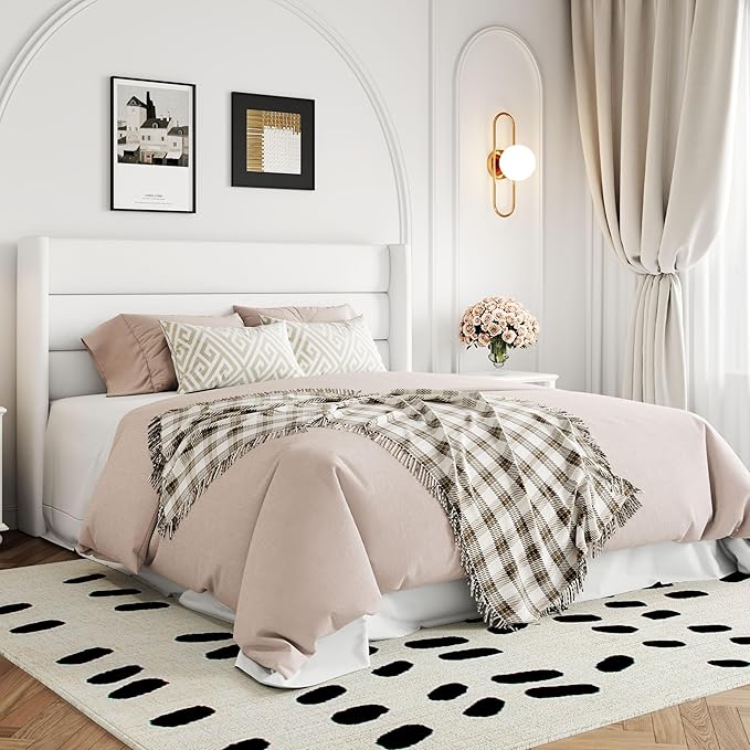 Allewie Queen Size Lift Up Hydraulic Storage Bed Frame White | Modern Wingback Headboard, Hydraulic Support Storage, No Box Spring Needed