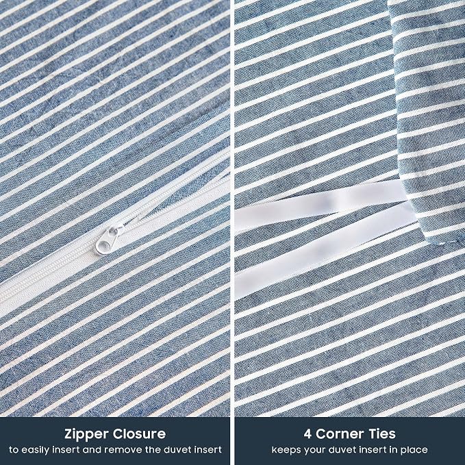 Wake In Cloud - Striped Cotton Duvet Cover Set, 100% Washed Cotton Textured Bedding Set, Ticking Stripe Pinstripe Farmhouse, 3 Pieces, Denim Blue, Twin/Twin XL Size