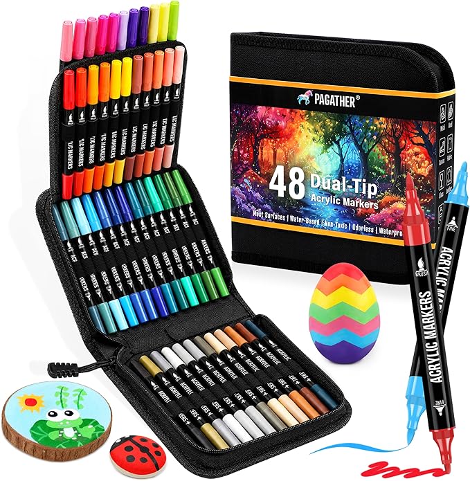Pagather 48 Colors Acrylic Paint Markers, Dual Tip with Fine Tip and Brush Tip Pens for Stone, Wood, Calligraphy, Canvas, Ceramic, Metal, Glass, Rock Painting, DIY Crafts Art Supplies Kit