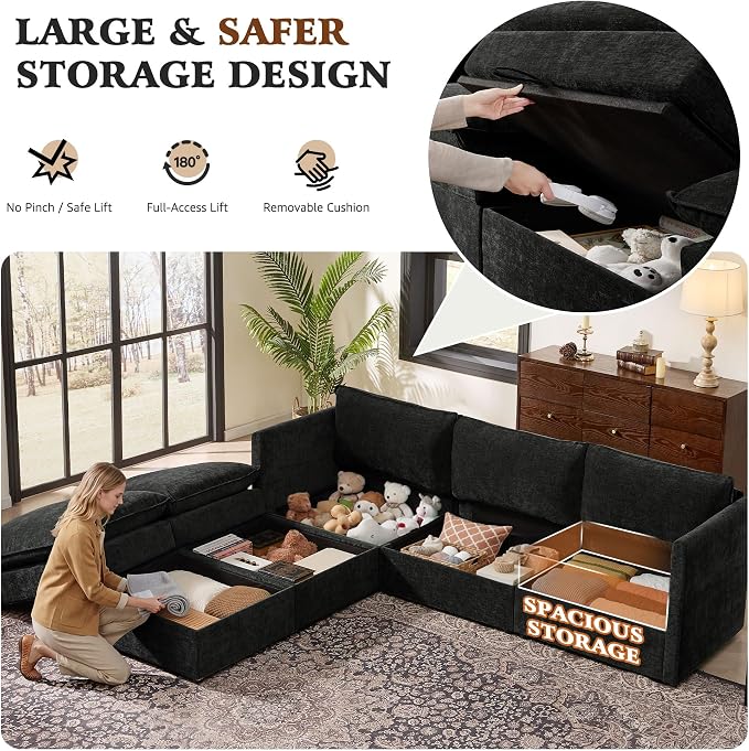 Ihanherry 103” Modular Sectional Sofa with Storage, U Shaped Cloud Couch with Movable Ottomans & 4 Pillows, Chenille Deep Seat Sectional Couches for Living Room, Apartment (Black)