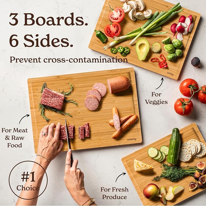 SMIRLY Bamboo Cutting Board - 3 Pack Wood Cutting Boards for Kitchen | Non Toxic Wooden Cutting Board with Juice Grooves and Handles, Multiple Sizes Chopping Board for Meal Prep & Charcuterie