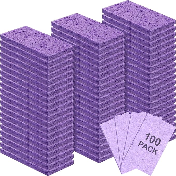 Zhengmy 100 Pieces Sponges Bulk Sponges Kitchen Compressed Sponge Natural Dish Sponge Compressed Wood Pulp Cleaning Without Scratching for Kitchen Bathroom, 3.9 x 2.4 x 0.12 Inch (Purple)