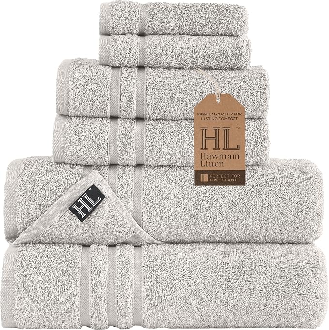 Hawmam Linen Ice Silver 6 Piece Bath Towels Set for Bathroom Original Turkish Cotton Soft, Absorbent and Premium 2 Bath Towels, 2 Hand Towels, 2 Washcloths