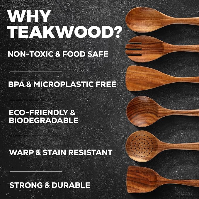 Zulay Kitchen 7-Piece Wooden Cooking Spoons Set – Heat-Resistant, Smooth Teak Utensils with Comfort Grip – Lightweight & Durable – Easy to Clean, Perfect for Non-Stick Cookware