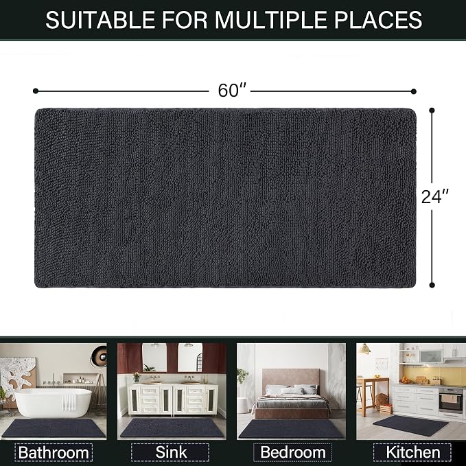 LOCHAS Luxury Bathroom Rug Shaggy Bath Mat 24 x 60 Inch, Dark Grey | Washable Non Slip Bath Rugs for Bathroom Shower, Soft Plush Chenille Absorbent Carpets