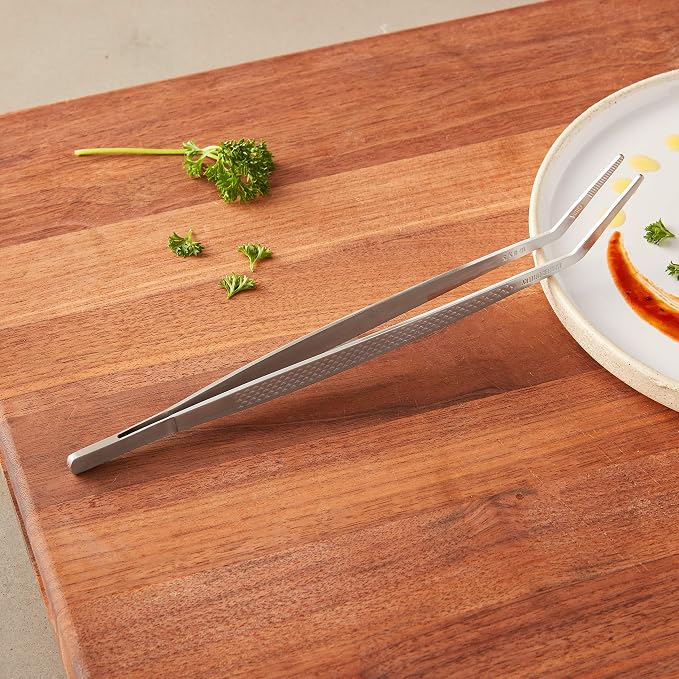 Mercer Culinary 18-8 Stainless Steel Precision Plus Chef Plating Tong, Curved Tip, 9-3/8 Inch