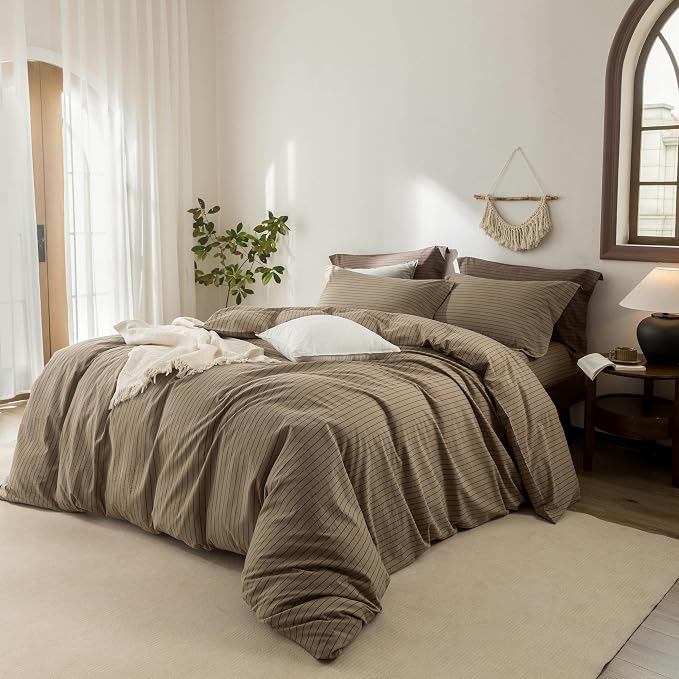 Stripe Duvet Cover Queen Size 90inch x 90inch,100% Washed Cotton Pinstripe Duvet Cover with Zipper Closure and 2 Pillowcases, Color of Light Camel-Black Stripe