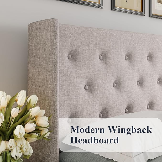 Allewie King Size Lift Up Storage Button-Tufted Bed Frame Light Beige | Modern Wingback Headboard, Hydraulic Support Storage, No Box Spring Needed