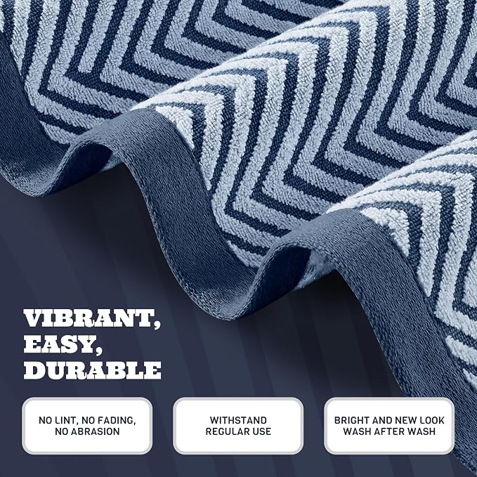 White Classic Cotton Beach Towels Oversized 35 x 70 Inches, Ultra Absorbent and Low Lint Luxury Pool Towels, Chevron Design, Navy Blue, 2 Pack
