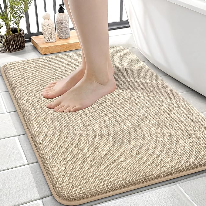 OLANLY Memory Foam Small Bathroom Rugs 24x16, Absorbent Bath Mat, Beige | Soft Quick Dry Bath Mat Rugs, Non-Slip, Machine Washable Mat for Bathroom Floor, Tub and Shower, Home Decor Accessories