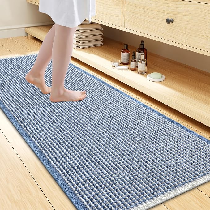 Smiry Waffle Bath Mat 47x24, Extra Soft Absorbent Bathroom Rugs, Non Slip Machine Washable Quick Dry Bath Rugs for Bathroom Floor, Tub, Shower, Home Decor Accessories, Blue & Cream
