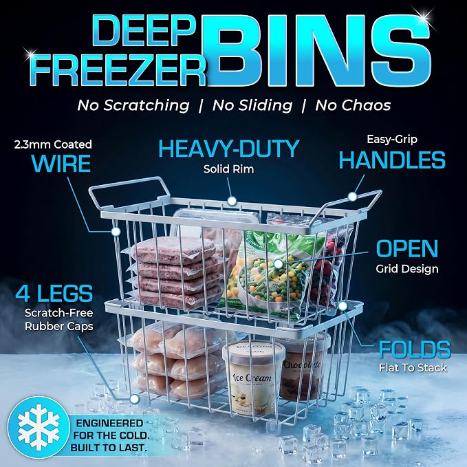 Deep Freezer Organizer Bins 4-Pack Black with Portable Heat Sealer & Reusable PEVA Bags, Heavy-Duty Stackable Chest Freezer Storage Baskets,15 x 7 x 6 in, White