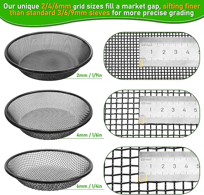 3Pcs 11.8" W Soil Sifter for Gardening, 2,4,6mm Grid Rock Sifter for 5 Gallon Bucket, Stainless Steel Fine Dirt Sifter, Compost Sifter for Capturing Dirt, Sand, Rocks, and Filtering Compost (Black)