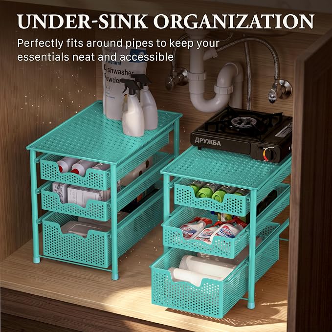 Simple Houseware Stackable 3 Tier Sliding Basket Organizer Drawer, Turquoise