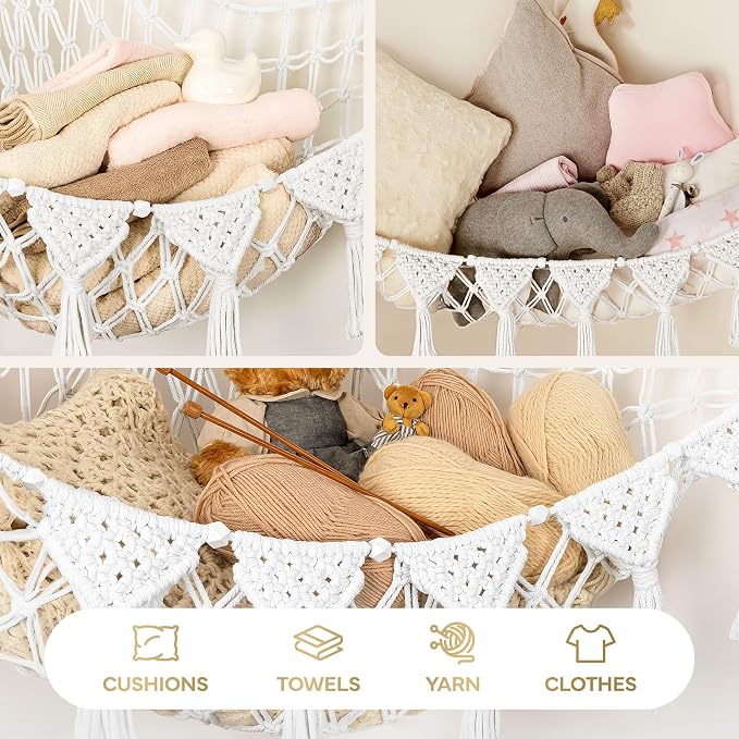 TIDYTEDS Snow White Macrame DreamLights Boho Stuffed Animal Storage Net (Extra Large) and Hammock for Small Plushies - Pure Cotton