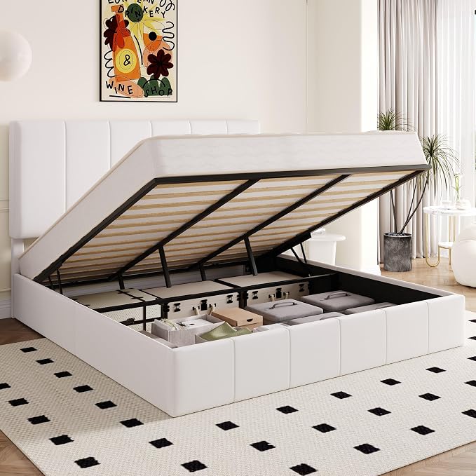 Allewie King Size Velvet Lift Up Hydrualic Storage Bed Frame, White | Vertical Channel Tufted Headboard, Hydrualic Underneath Storage, Upholstered Platform Bed, No Box Spring Needed