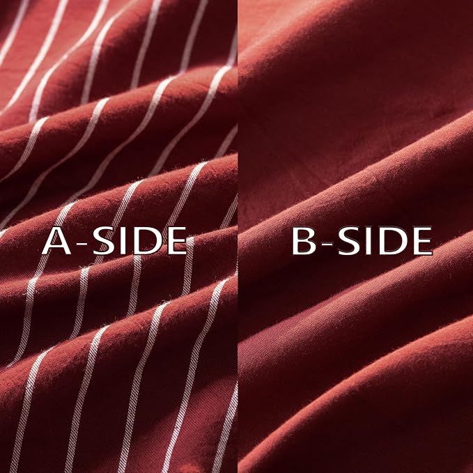 Reversible Duvet Cover Set 100% Washed Cotton Red Stripe Linen Feel Duvet Cover Queen Size with Zipper Closure & 2 Pillow Shams, Red/White Stripe Reverse Solid Red