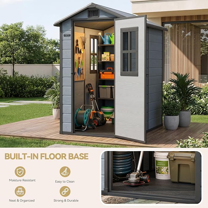 DWVO Outdoor Storage Shed 4.4×6FT, Plastic Garden Resin Shed with 2 Windows, Reinforced Floor, Door Handle, Door Lock & Vents, Outdoor Tool Shed for Backyard Patio, Stores Bike Garden Tools, Blue-Gray
