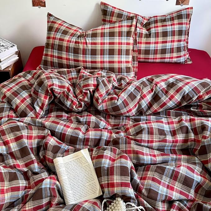 mixinni Vintage Red & Brown Buffalo Plaid Duvet Cover Set Twin XL Size - 3 Piece Washed Cotton Bedding Set with Classic Checkered Pattern, Cozy Farmhouse Duvet Cover with Pillowcases for All Seasons