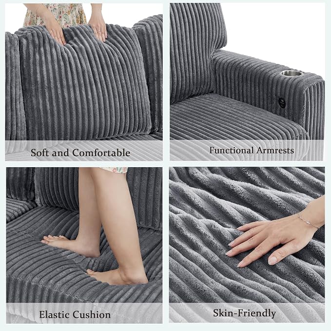 L-Shaped Sectional Sleeper Sofa with Pull Out Bed, Dark Grey | Plush Corduroy Modular Couch with Storage, USB Charging, Cup Holders – Cozy Cloud Couches for Living Room, Easy Assembly