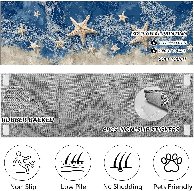 Summer Seaside Hallway Runner Rug 4x10 - Starfish Fishing Net Washable Non Slip Runners Rug, Sea Beach Soft Low Pile Ktichen Rugs for Entrance Corridor Living Room Bedroom