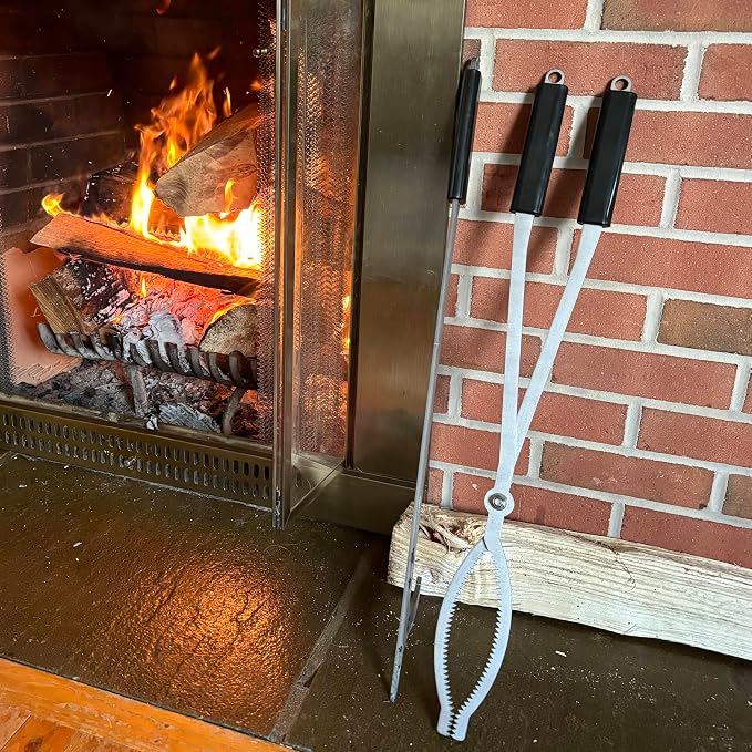 28in Firewood Tongs and Fire Poker Set Stainless Steel | Fire Poker and Fireplace Tongs Log Grabber Set for fire pit outdoor Bonfire Wood Stove Fire Pit Use, Portable Rustproof Saf