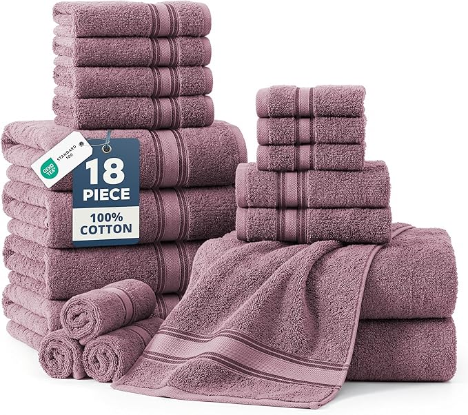 LANE LINEN Premium Bath Towel Set of 18 – 100% Cotton, 6 Large Bath Towel, 6 Handtowels & 6 Washcloths, Zero Twist, Ultra Soft & Durable, Quick-Dry, Ideal for Spa, Hotel & Everyday Use – Wishful Mauve