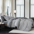 Reversible Duvet Cover Set 100% Washed Cotton Dark Grey Pinstripe Linen Feel Duvet Cover Queen Size with Zipper Closure & 2 Pillow Shams,Dark Grey/White Stripe Reverse Solid Dark Grey