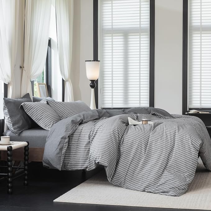 Reversible Duvet Cover Set 100% Washed Cotton Dark Grey Pinstripe Linen Feel Duvet Cover King Size with Zipper Closure & 2 Pillow Shams,Dark Grey/White Pinstripe Reverse Solid Dark Grey