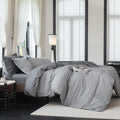 Reversible Duvet Cover Set 100% Washed Cotton Dark Grey Pinstripe Linen Feel Duvet Cover King Size with Zipper Closure & 2 Pillow Shams,Dark Grey/White Pinstripe Reverse Solid Dark Grey