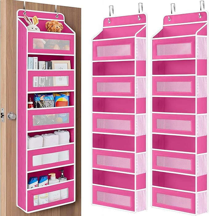 JARLINK Over the Door Organizer for Bathroom, 5 Shelf Rose Pink, 2 Pack | Anti-Tilt Design, 44 lb Load Capacity, Hanging Door Organizer with 5 Large Capacity Pockets, Behind Door Storage for Nursery