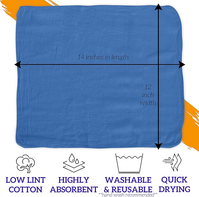 GREEN LIFESTYLE 150 Pack 12x14, Blue Shop Towels 100% Cotton, Super Absorbent and Durable for Car, Reusable Shop Rags