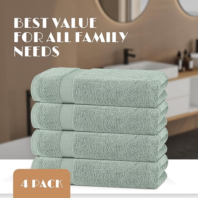 White Classic Green Bath Towels 27x54 Inch, Cotton Towel Set for Bathroom, Hotel, Gym, Spa, Soft Extra Absorbent Quick Dry 4 Pack