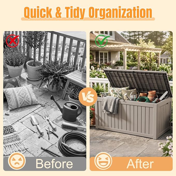 Outdoor Storage Box, 360 Gallon Waterproof Resin Deck Box with Support Rod | UV Resistant Lockable Package Delivery Bin, Shoe, Patio & Garden Tools Storage, Toy Cabinet, Ottoman, Indoor/Outdoor