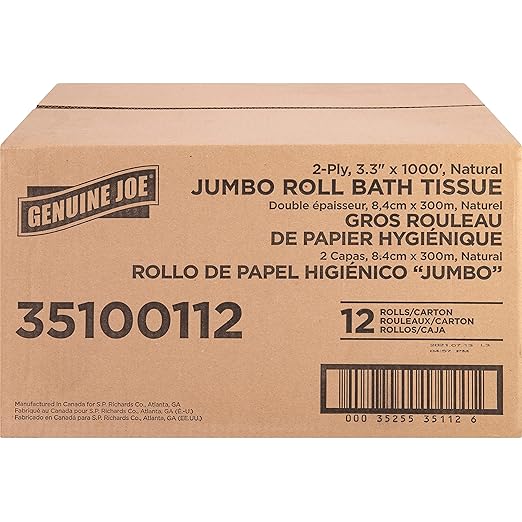 Genuine Joe Jumbo Roll Bath Tissue, 3.3" x 1000', 2-Ply, Natural, 12 Count