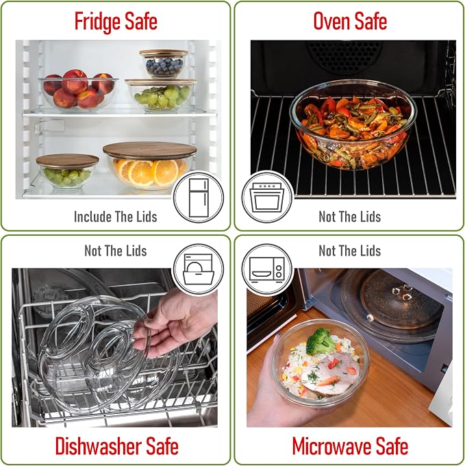 Set of 5 Nesting Glass Bowls with New Updated Acacia Lids for Foodprep, Storage, Mixing & Cooking - Microwave & Oven-ready BPA Free Durable Heat Resistant Inert Borosilicate Glass