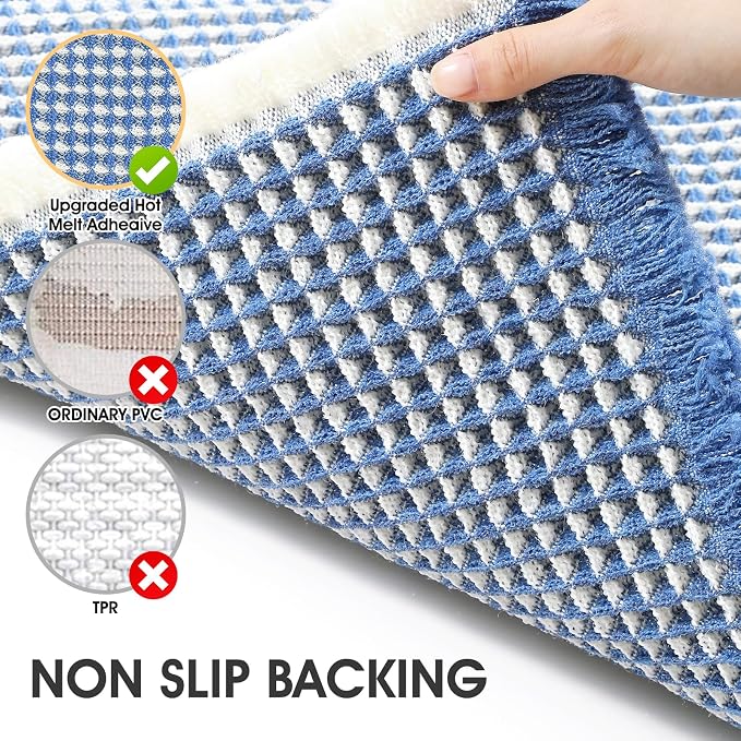 IM HOME Waffle Bath Mat Blue & Cream 36"x24", Boho Woven Modern Bath Mat Rugs, Absorbent Non Slip Bathroom Rugs, Soft Washable Bath Rugs with Tassels for Bathroom, Bedroom, Kitchen, Shower, Tub