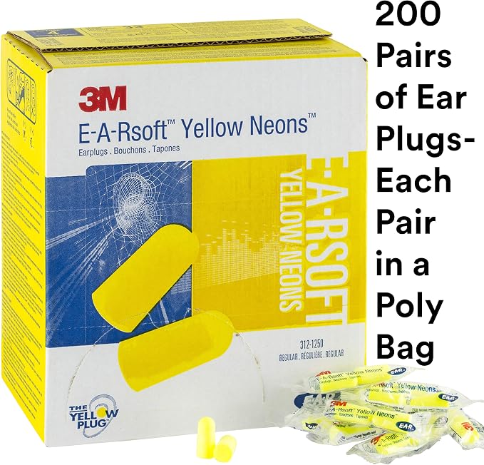 3M Ear Plugs, E-A-Rsoft Yellow Neons 315-1250, 200 Pair of Disposable Earplugs, Pairs Individually Wrapped, Regular Size, Uncorded, 33 NRR, Tapered Cylinder Shape, Slow Recovery Foam (Pack of 10)