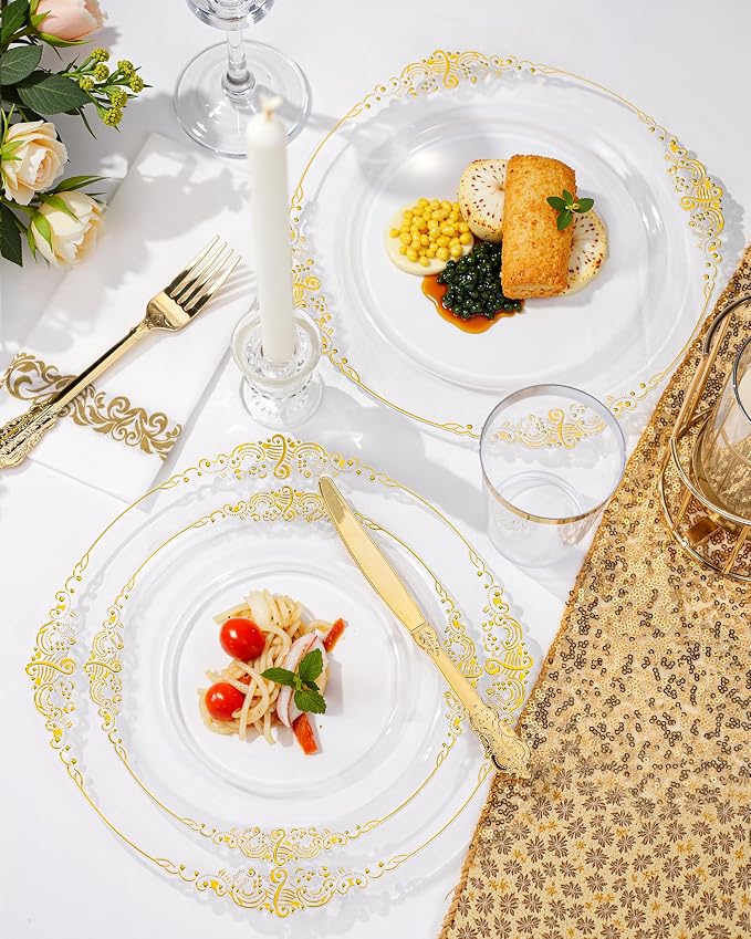 Nervure 350PCS Clear Gold Plastic Plates - Gold Plastic Dinnerware Sets for 50 Guests - 100 Disposable Plates, 150 Silverware, 50 Cups, 50 Napkins for Wedding & Party
