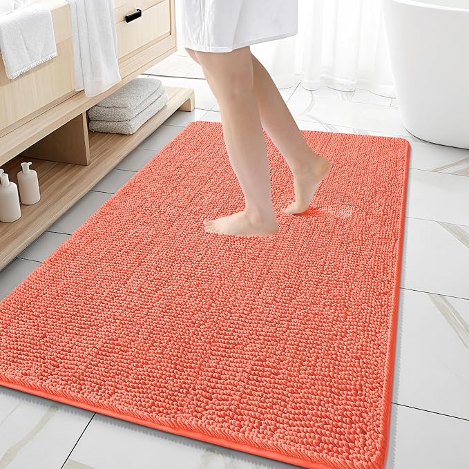 OLANLY Large Bathroom Rugs 59x35, Extra Soft Absorbent Chenille Bath Rugs, Rubber Backing Quick Dry, Machine Washable Bath Mats for Bathroom Floor, Tub and Shower, Home Decor Accessories, Coral