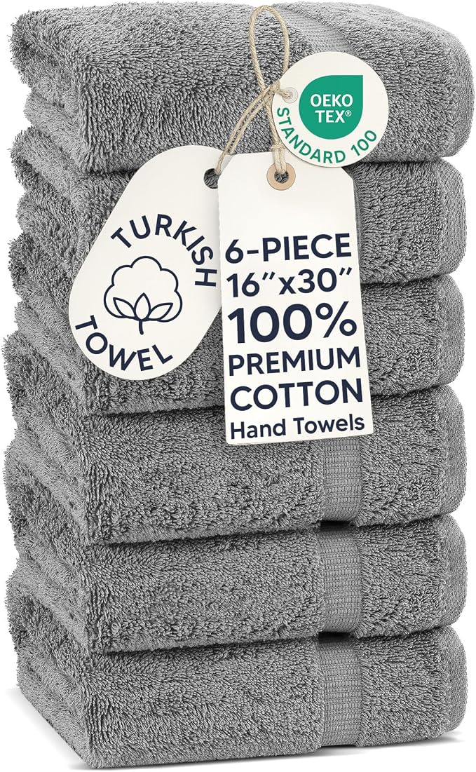 Chakir Turkish Linens 6 Piece Hand Towels, 100% Cotton Luxury Turkish Towels for Bathroom, Soft Absorbent Hand Towel Set, 16 x 30 Inches, Gray
