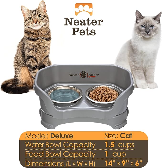Neater Pet Brands Neater Feeder Deluxe Mess Proof Cat Bowls Elevated, Made in USA, No Spill Raised Bowls for Indoor Cats, Stainless Steel Food and Water Bowl Set, Pet Dish Feeding Station, Gunmetal