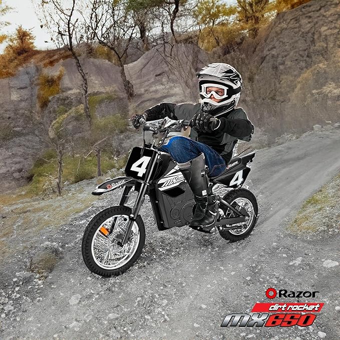 Razor MX650 Dirt Rocket Bike Electric Ride-On for Ages 16+, 220 lb Max Weight, Black – 36V Battery, Up to 17 Mph, 40-Min Run Time, Twist-Grip Throttle, 16” Front and 14” Rear Pneumatic Tires