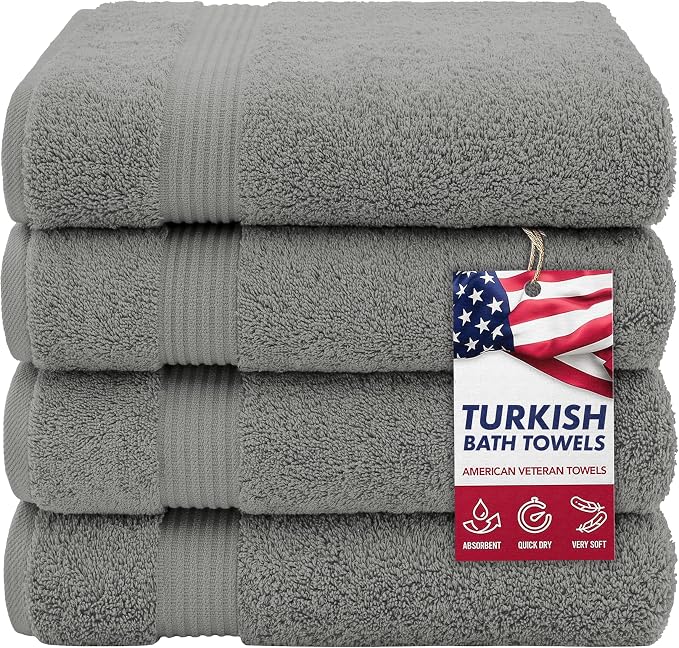 American Veteran Towel, 100% Cotton Turkish Bath Towels for Bathroom 4 Pack, 27x54 Extra Large Premium Soft Drying Bathroom Towels, Light Grey