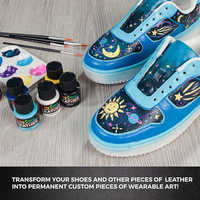 Crazy Colors Premium Acrylic Shoe & Leather Paint Kit 13-Color with 4 Brushes (1 oz Bottles) - Acrylic Leather Paint for Shoes, Sneakers, Jackets, Bags, Purses, Furniture