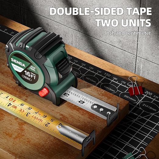 SENDA Tape Measure 16Ft - Heavy Duty Tape Measure with 25mm Wide with Three Stops, High Precision Measuring Tape Retractable Measuring Tape, Rubber for Comfortable Grip, Fraction Markings(1 Pack)